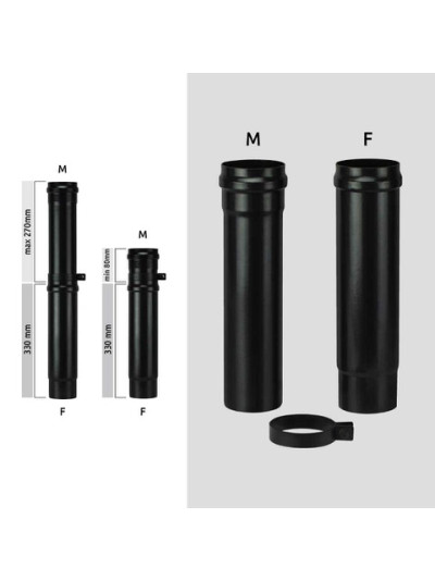 Tubo telescopico stufa a pellet Save Pellet Light DN 80 x 330 mm smaltato Nero con guarnizione